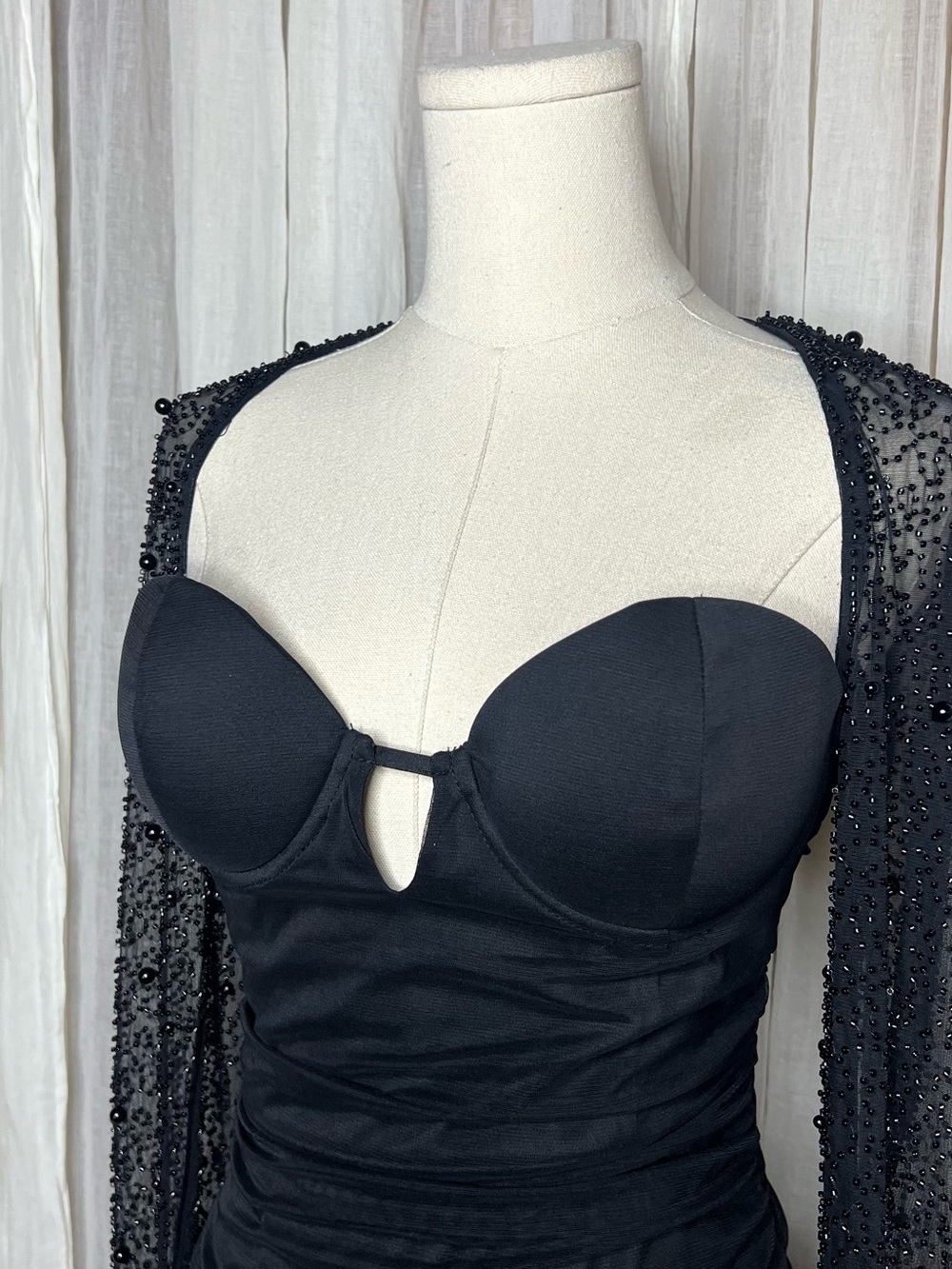 NWT Fashion Nova Black Princess Beaded Ruched Mini Dress - Picture 3 of 6